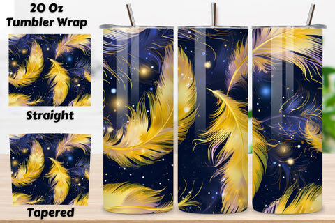 Gold Teal Feathers Tumbler Wrap | seamless wrap png Sublimation FloridPrintables 