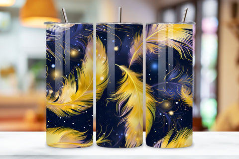 Gold Teal Feathers Tumbler Wrap | seamless wrap png Sublimation FloridPrintables 