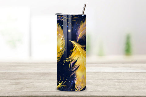 Gold Teal Feathers Tumbler Wrap | seamless wrap png Sublimation FloridPrintables 
