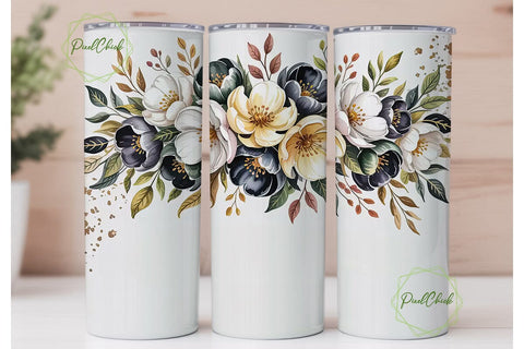 Gold & White Floral 20oz Tumbler Wrap Sublimation PixelChick 