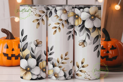 Gold & White Floral 20oz Tumbler Wrap Sublimation PixelChick 