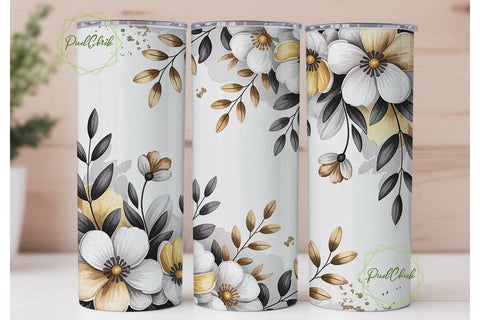 Gold & White Floral 20oz Tumbler Wrap Sublimation PixelChick 
