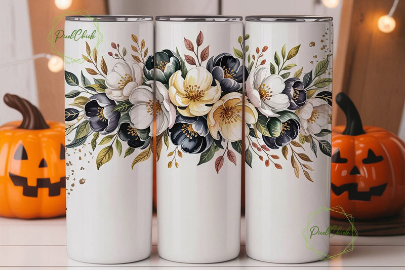 Gold & White Floral 20oz Tumbler Wrap Sublimation PixelChick 