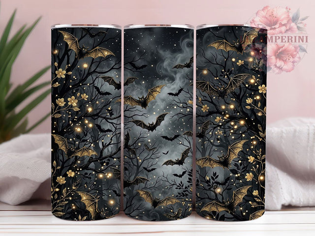 Golden Bat Forest Glow 20oz Tumbler, Bat Motif, Golden Accent, Forest Theme, Glow Art Design, Mystic Flair, Sublimation Wrap, 20oz Tumbler Sublimation Li Zamperini 