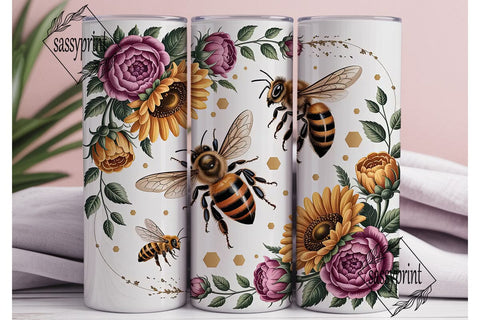 Golden Bee Floral Tumbler Wrap Sublimation sassyprint 