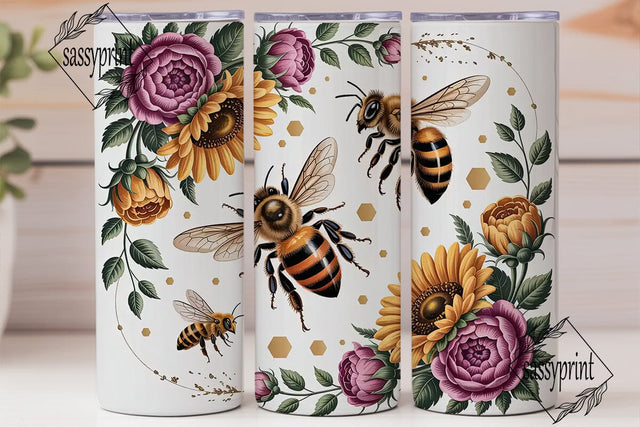 Golden Bee Floral Tumbler Wrap Sublimation sassyprint 