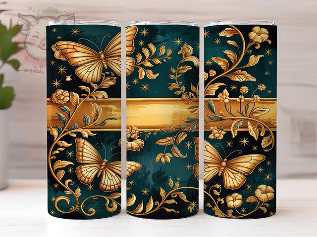 Golden Butterfly Floral Tumbler, Elegant Floral Wrap, 20oz Floral Tumbler, Butterfly Sublimation Design, Floral Elegant Cup, Nature Inspired Tumbler, Butterfly Floral Wrap Sublimation Lara' s Designs 