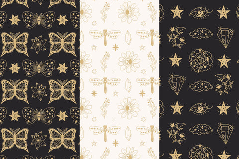 Golden Celestial Seamless Patterns Digital Pattern Rin Green 