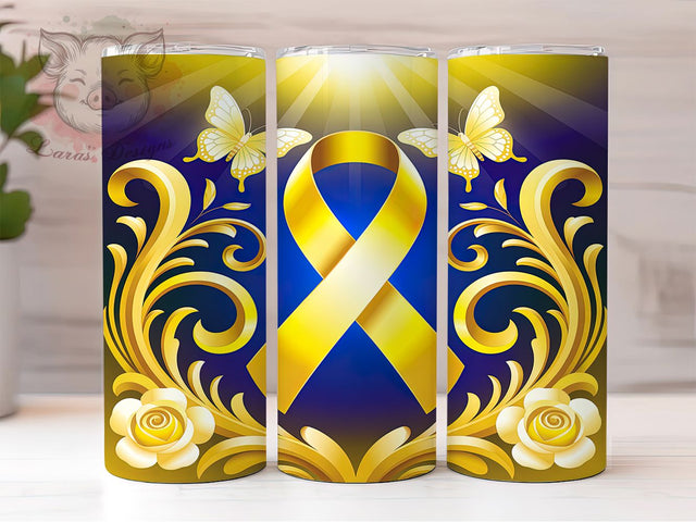 Golden Childhood Cancer Ribbon Tumbler, Childhood Cancer Awareness Pattern, Butterfly Ribbon Design, 20Oz Sublimation Wrap, Hope Ribbon Art, Awareness Butterfly Texture, Tumbler Sublimation Sublimation Lara' s Designs 