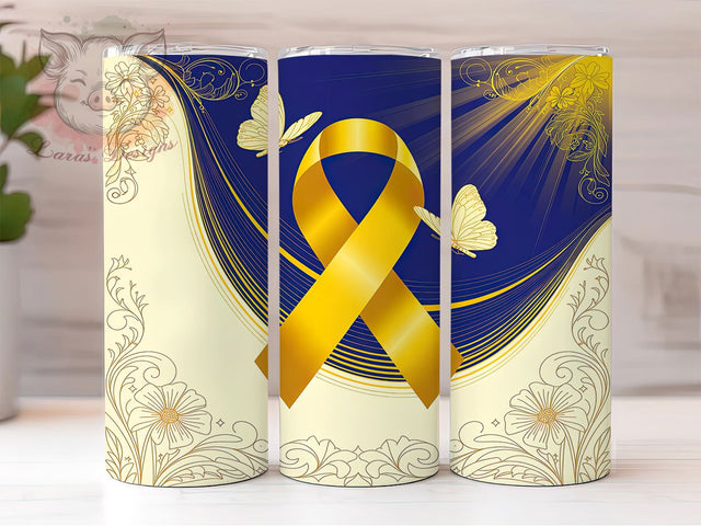 Golden Childhood Cancer Ribbon Tumbler, Childhood Cancer Awareness Pattern, Butterfly Ribbon Design, 20Oz Sublimation Wrap, Hope Ribbon Art, Awareness Butterfly Texture, Tumbler Sublimation Sublimation Lara' s Designs 