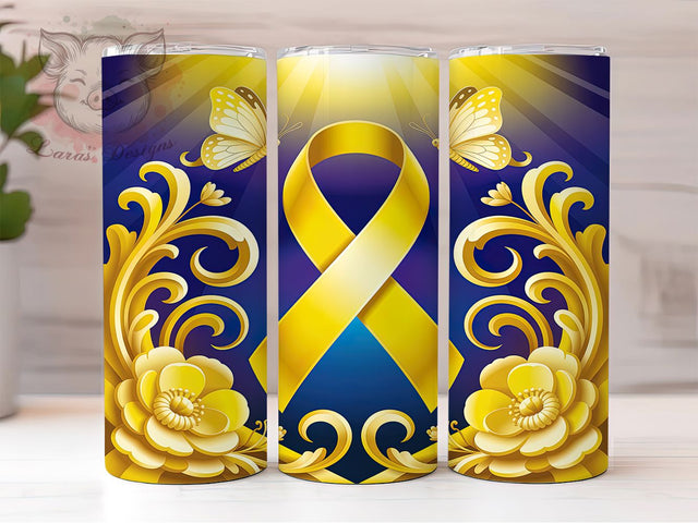 Golden Childhood Cancer Ribbon Tumbler, Childhood Cancer Awareness Pattern, Butterfly Ribbon Design, 20Oz Sublimation Wrap, Hope Ribbon Art, Awareness Butterfly Texture, Tumbler Sublimation Sublimation Lara' s Designs 