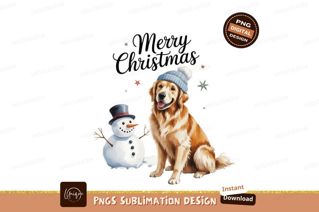 Golden dog wearing hat with snowman retriever winter Sublimation Designangry 