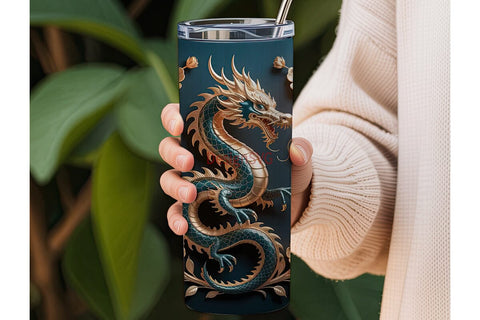 Golden Dragon & Flowers 20oz Tumbler Sublimation DesignSVG 