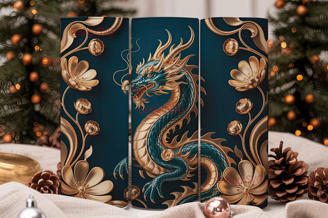 Golden Dragon & Flowers 20oz Tumbler Sublimation DesignSVG 