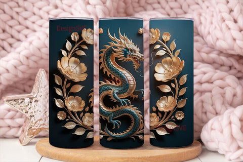 Golden Dragon & Flowers 20oz Tumbler Sublimation DesignSVG 