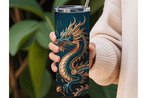 Golden Dragon & Flowers 20oz Tumbler Sublimation DesignSVG 