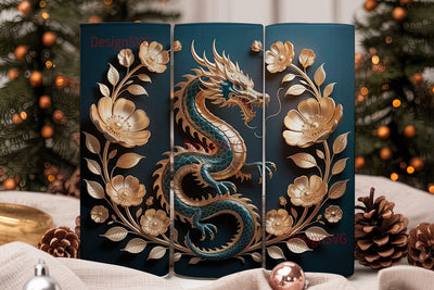 Golden Dragon & Flowers 20oz Tumbler Sublimation DesignSVG 