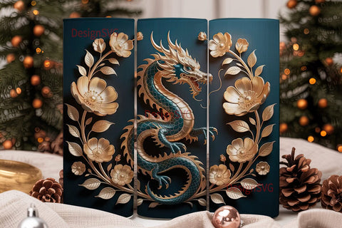 Golden Dragon & Flowers 20oz Tumbler Sublimation DesignSVG 
