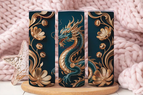 Golden Dragon & Flowers 20oz Tumbler Sublimation DesignSVG 