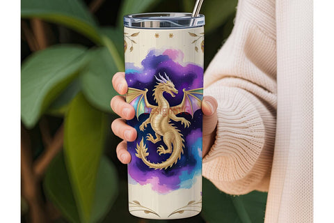 Golden Dragon & Flowers Tumbler Wrap Sublimation DesignSVG 