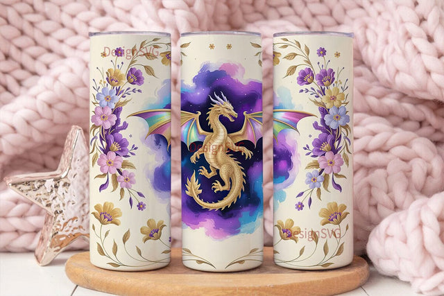 Golden Dragon & Flowers Tumbler Wrap Sublimation DesignSVG 