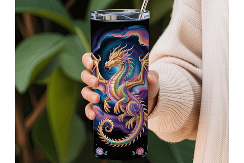 Golden Dragon & Flowers Tumbler Wrap Sublimation DesignSVG 