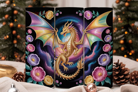 Golden Dragon & Flowers Tumbler Wrap Sublimation DesignSVG 