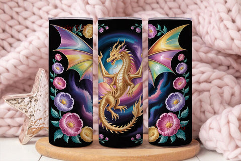 Golden Dragon & Flowers Tumbler Wrap Sublimation DesignSVG 