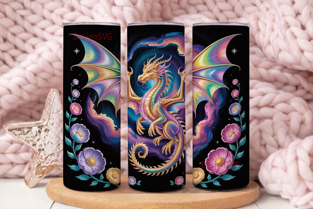 Golden Dragon & Flowers Tumbler Wrap Sublimation DesignSVG 