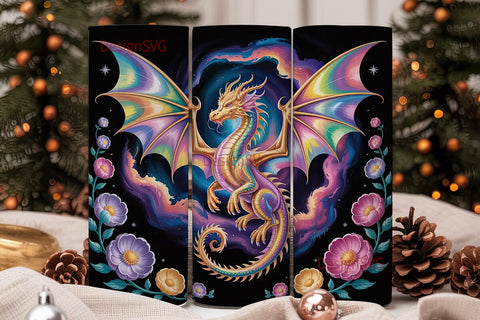 Golden Dragon & Flowers Tumbler Wrap Sublimation DesignSVG 