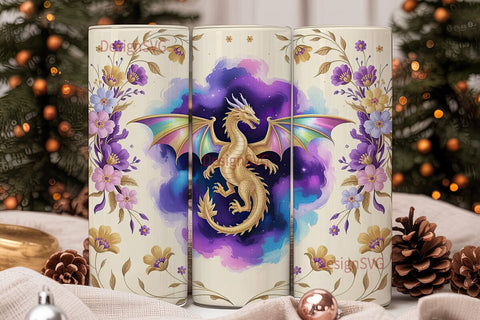 Golden Dragon & Flowers Tumbler Wrap Sublimation DesignSVG 