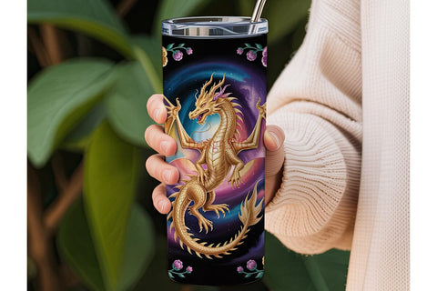 Golden Dragon & Flowers Tumbler Wrap Sublimation DesignSVG 