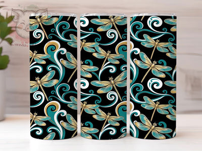 Golden Dragonfly Pattern 20oz Tumbler, Dragonfly Motif, Golden Theme, Pattern Design, Elegant Style, Whimsical Charm, Skinny Tumbler, Sublimation PNG Sublimation Lara' s Designs 