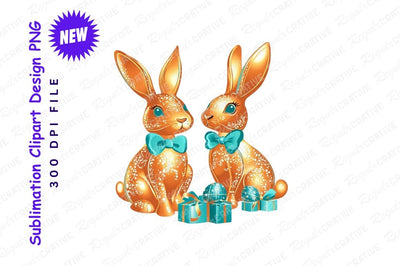 Golden Easter Bunnies With Gifts Clipart Png Sublimation Regulrcrative 