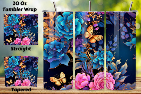Golden Elegance Tumbler Wrap, alcohol ink butterflies, 3D Flowers & Blue Butterflies 20 oz Skinny Tumbler Wrap-3D Flower Sublimation-PNG-High Resolution-Instant Digital Download Sublimation FloridPrintables 
