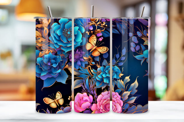 Golden Elegance Tumbler Wrap, alcohol ink butterflies, 3D Flowers & Blue Butterflies 20 oz Skinny Tumbler Wrap-3D Flower Sublimation-PNG-High Resolution-Instant Digital Download Sublimation FloridPrintables 