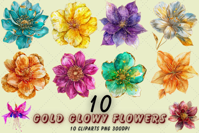 Golden Flower Clipart, Glowy Floral PNG, Watercolor Flowers Sublimation FloridPrintables 