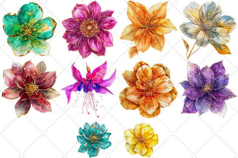 Golden Flower Clipart, Glowy Floral PNG, Watercolor Flowers Sublimation FloridPrintables 