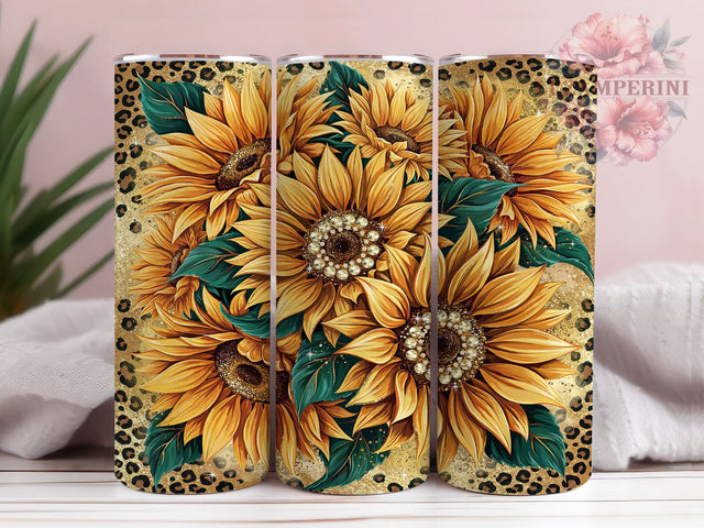 Golden Glitter Sunflower Leopard 20oz Tumbler, Golden Sunflower, Glitter Accent, Leopard Print, Floral Motif, Sublimation Wrap, 20oz Tumbler, Glam Charm Sublimation Li Zamperini 