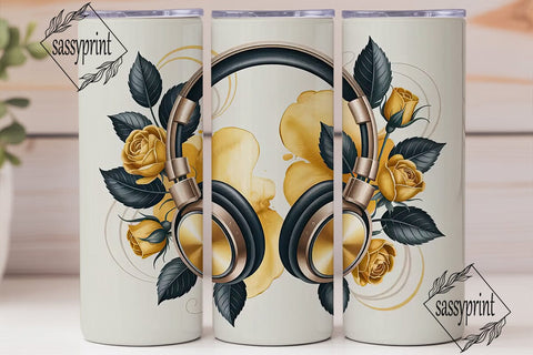 Golden Headphones & Roses 20oz Tumbler Sublimation sassyprint 