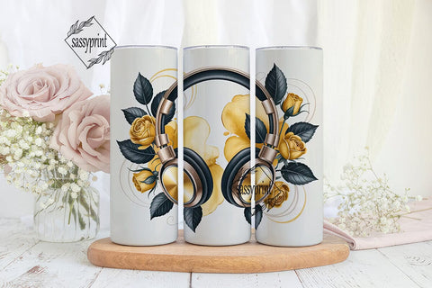 Golden Headphones & Roses 20oz Tumbler Sublimation sassyprint 