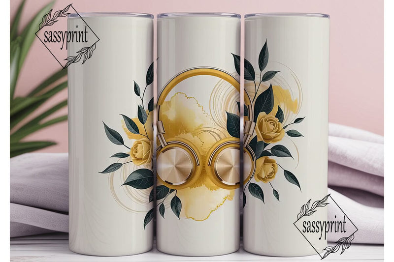 Golden Headphones & Roses 20oz Tumbler Sublimation sassyprint 