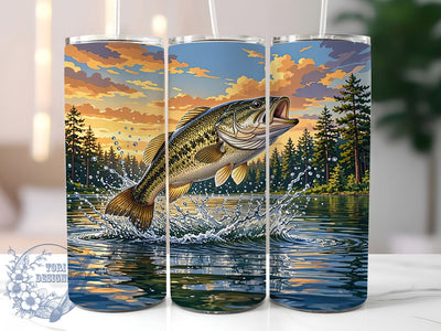 Golden Hour Bass 20oz Tumbler, Bass Motif, Golden Hour Theme, Fishing Art Design, Whimsical Accent, Rustic Charm, Sublimation Wrap, 20oz Tumbler Sublimation ToriDesigns 
