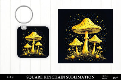 Golden Mushrooms Keychain PNG. Square Keychain PNG Sublimation Olga Terlyanskaya 
