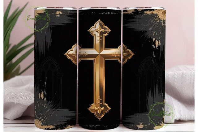 Golden Ornate Cross 20oz Tumbler Wrap Sublimation PixelChick 
