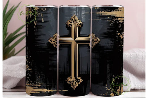 Golden Ornate Cross 20oz Tumbler Wrap Sublimation PixelChick 