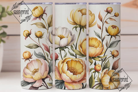 Golden Peony Watercolor Floral Tumbler Sublimation sassyprint 