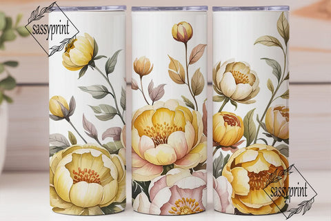 Golden Peony Watercolor Floral Tumbler Sublimation sassyprint 