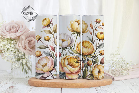 Golden Peony Watercolor Floral Tumbler Sublimation sassyprint 