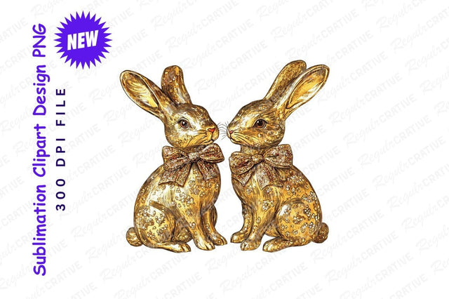 Golden Rabbits With Bow Ties Clipart Png Sublimation Regulrcrative 